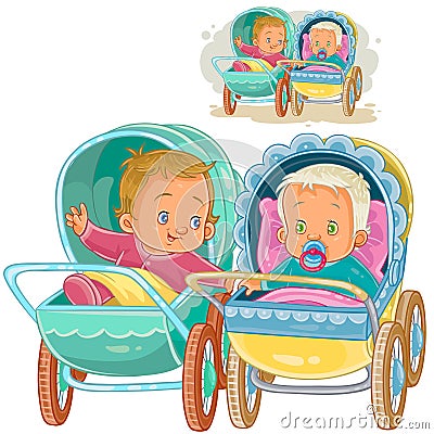 Vector illustration of two small baby lie in baby carriages and try to communicate Vector Illustration