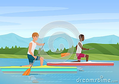 Vector illustration of two sportsmen rowing and competiting on river. Vector Illustration
