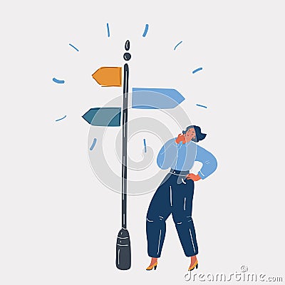 Vector illustration of Two way sign and woman thinking which way to go. Vector Illustration