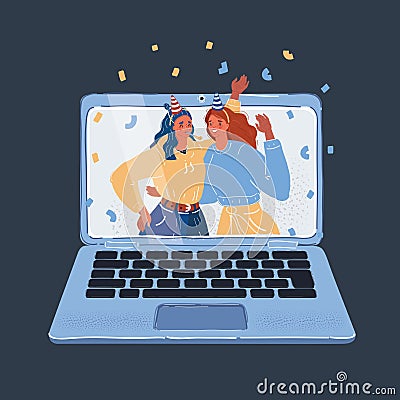 Vector illustration of two woman celebrate online. Two happy girl have party at laptop screen on dark backround. Vector Illustration