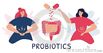 A couple of women take probiotic pills. Vector Illustration