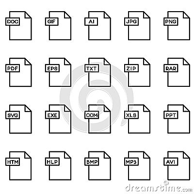 Vector illustration. Types of electronic documents. Paper sheet icons set, paper format Cartoon Illustration