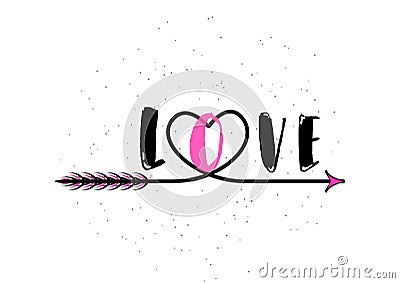 Vector illustration of typography word sign LOVE, heart, arrow Cartoon Illustration