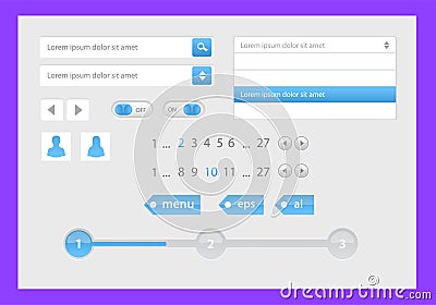 Vector Illustration of UI kit. Active button, non-activ button, check button, slider, search are, pagination Vector Illustration
