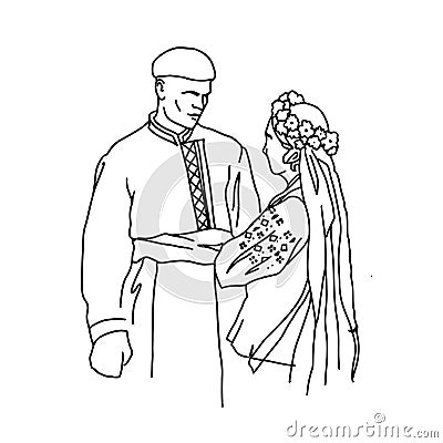 Vector illustration of Ukrainian couple in love wearing traditional costumes. Line art drawings of cossack family Cartoon Illustration