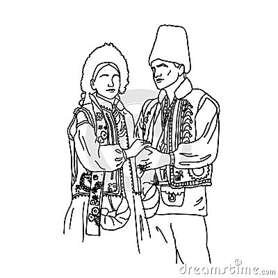 Vector illustration of Ukrainian couple in love wearing traditional costumes. Line art drawings of cossack family Vector Illustration