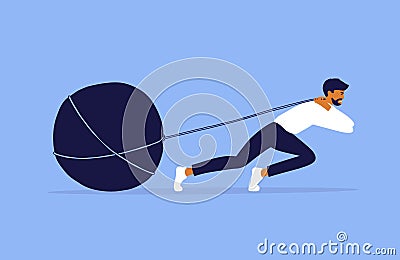 Vector illustration of unhappy business man character pulling big stone on rope Vector Illustration