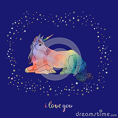 Vector illustration of unicorn with black contour and watercolor filling, text isolated on the blue background Vector Illustration