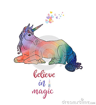 Vector illustration of unicorn made of black contour and watercolor filling with lettering isolated on white Vector Illustration