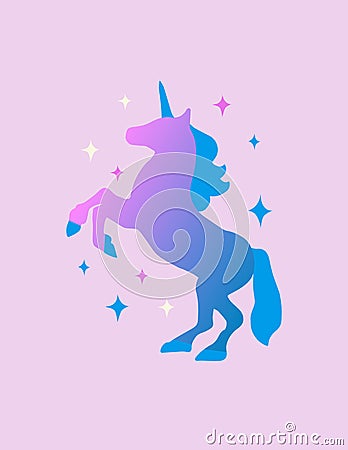 Vector illustration with unicorn rearing up silhouette. Cartoon magic illustration Vector Illustration