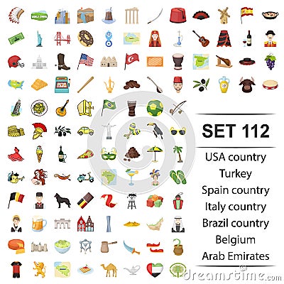 Vector illustration of USA, country, Turkey, Spain, Brazil Belgium Arab Emirates icon set. Vector Illustration