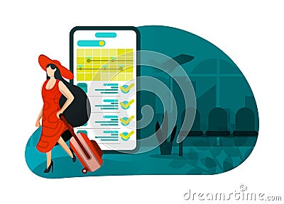 Vector illustration of vacation 4.0, ticket booking application. hat girl leaving for week. smartphone app with recommendation, de Vector Illustration