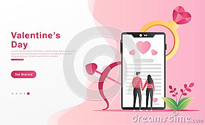 Flat Vector Cartooon illustration valentine day. a man proposes his lover by reading a love letter through a smartphone, ring. Vector Illustration