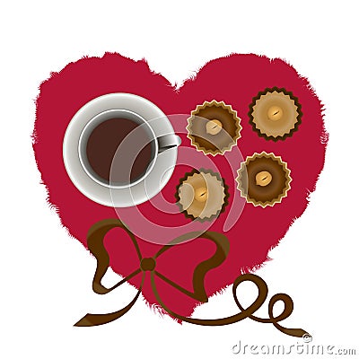 Vector illustration, red heart, cup with coffee, on a white background a heart, with a brown bow, beautiful still life Cartoon Illustration