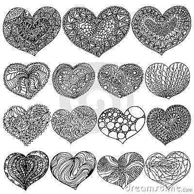 Vector illustration Valentine`s Day set of zenart hearts contour black on white background Vector Illustration