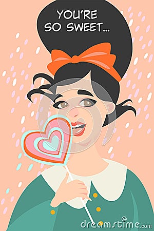 Vector illustration of Valentines day with funny girl eating lollipop. Vector Illustration