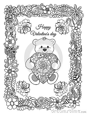 Vector illustration, valentines, a teddy bear with a heart in a frame from flowers. The work Made in manually.Book Coloring anti-s Vector Illustration