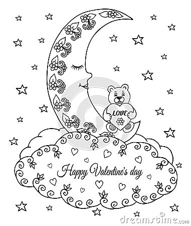 Vector illustration, valentines, a teddy bear with a heart sitting on the moon asleep in the clouds. The work Made in manually. Bo Cartoon Illustration