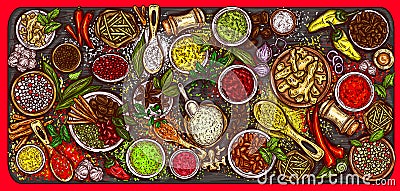 Vector illustration of a variety of spices and herbs on a wooden background Vector Illustration