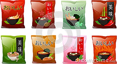 Vector illustration of various Asian Japanese instant noodles soups Vector Illustration
