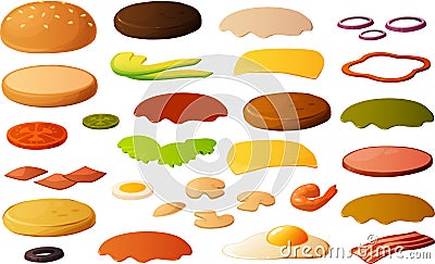 Vector illustration of various burger items isolated on white background Vector Illustration