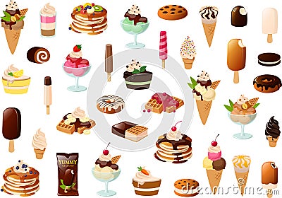 Vector illustration of various cakes, waffles, pancakes and ice creams Vector Illustration