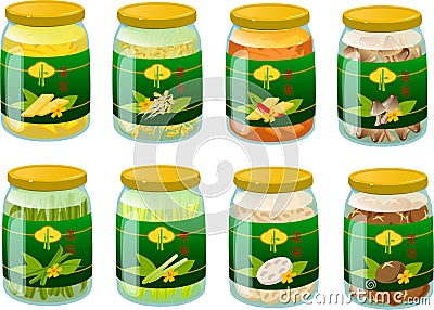 Vector illustration of various canned and jarred preserved Asian vegetables Vector Illustration