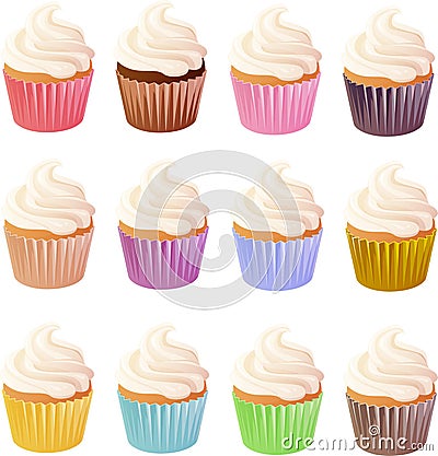 Vector illustration of various cupcakes with vanilla icing Vector Illustration
