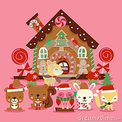 Christmas Woodland Creatures Gingerbread House Vector Illustration