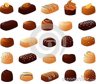 Vector illustration of various filled chocolates with different shapes and toppings Vector Illustration