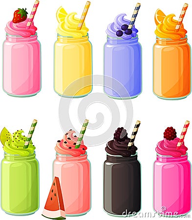 Vector illustration of various hipster trend smoothies, milk shakes and beverages in mason jars Vector Illustration