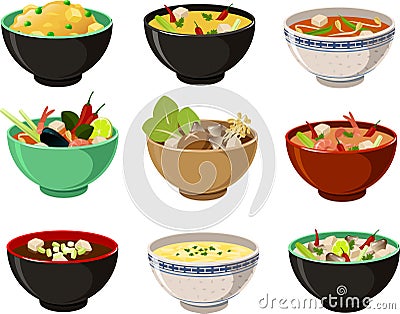 Vector illustration of various international Asian soups Vector Illustration