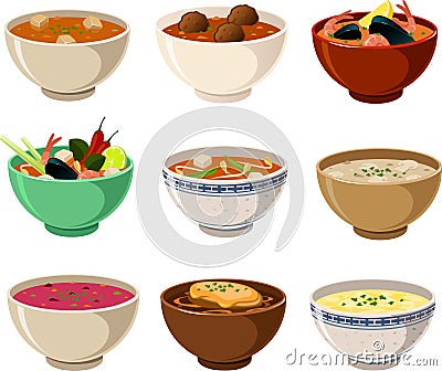 Vector illustration of various international soups in different traditional bowls Vector Illustration