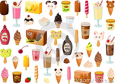 Vector illustration of various kinds of colorful ice creams and dairy food products and ice pops Vector Illustration