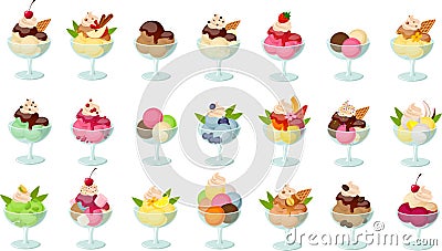Vector illustration of various kinds of colorful ice creams in dessert glasses and with toppings Vector Illustration