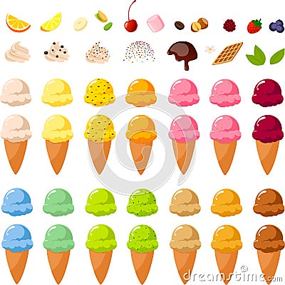 Vector illustration of various kinds of colorful ice creams, sugar cones and toppings to build your own ice cream Vector Illustration