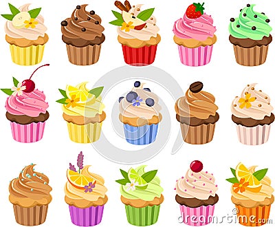 DrVector illustration of various kinds of cup cakes with colorful toppings and frosting Vector Illustration