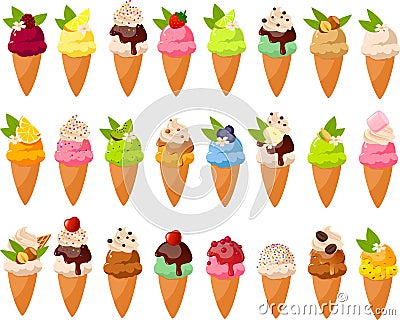 Vector illustration of various kinds of cute colorful ice creams in sugarcones and toppings Vector Illustration