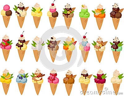 Vector illustration of various kinds of ice creams in sugar cones and colorful garnish Vector Illustration