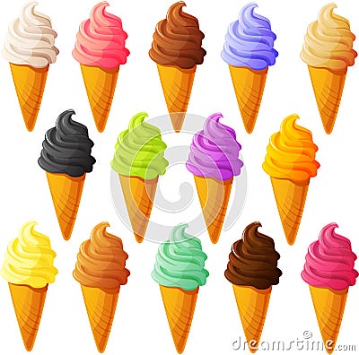 Vector illustration of various kinds of soft serve ice cream in sugar cones Vector Illustration