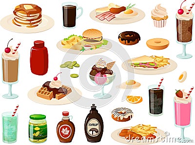 Vector illustration of various kinds of typical American diner foods such as burgers, pancakes and waffles Vector Illustration