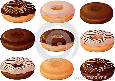 Vector illustration of various old plain, glazed and chocolate frosted donuts or doughnuts Vector Illustration