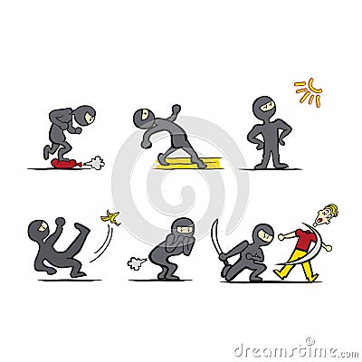 Vector illustration various poses of ninja Cartoon Illustration