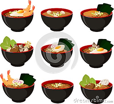 Vector illustration of various typical Asian Japanese noodle soups Vector Illustration