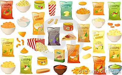 Vector illustration of various unhealty snacks such as potato chips, pop corn and pizza Vector Illustration