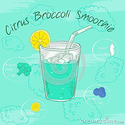 Vector illustration of vegetable smoothie in a glass with a straw and images of ingredients. Printable card or poster. Citrus, bro Vector Illustration