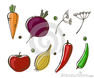 Vector illustration of vegetables: onion, peppers, beat, carrot and tomato on white background. Vector Illustration