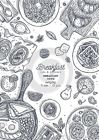 Vertical breakfast top view design template. Various food background. Engraved style illustration. Hero image. Vector illustration Vector Illustration