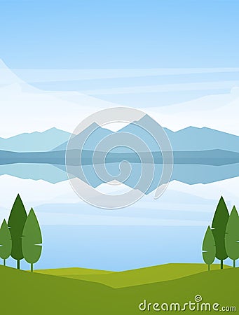 Vector illustration: Vertical Summer Mountains Lake landscape with reflection and trees on foreground Vector Illustration