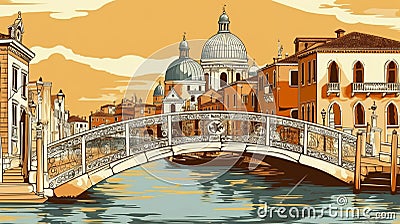Vector illustration. View of the canals in Venice with buildings and churches on the riverbanks. Cartoon Illustration